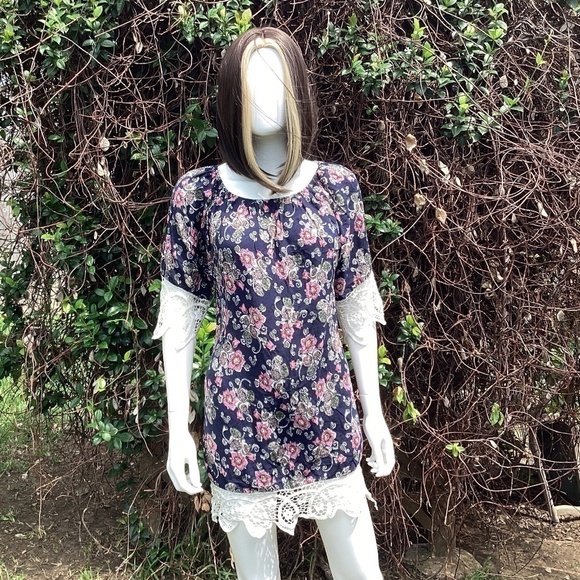 Extra Belleza Floral Print Lace Detail Mini Dress/Tunic Size Medium - Picture 1 of 7